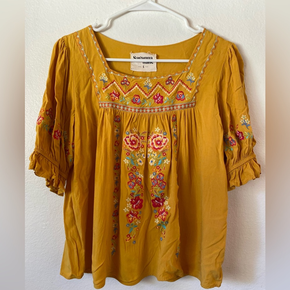 Savanna Jane Mustard Embroidered Boho Peasant Tunic